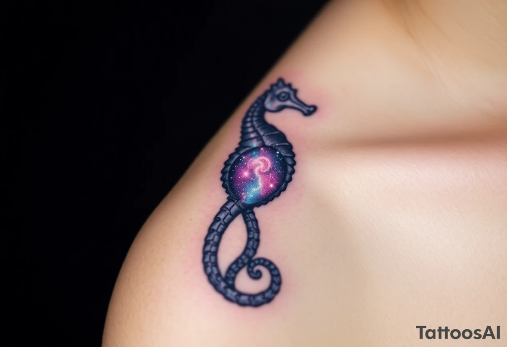 A cosmic seahorse with a galaxy swirling within its translucent body, in deep violets, blues, and silver. tattoo idea