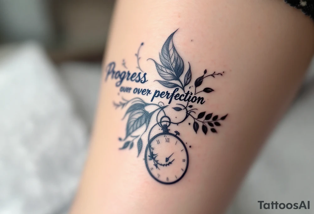“Progress over perfection” in midnight blue, layered over a faded clock design in light gray. tattoo idea