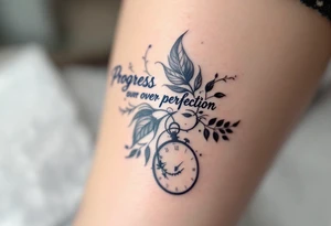 “Progress over perfection” in midnight blue, layered over a faded clock design in light gray. tattoo idea