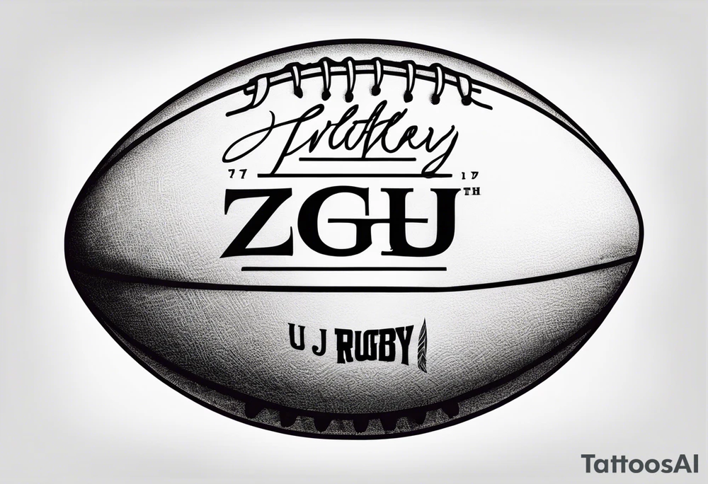 Rugby ball with ZJ written in the middle in the Gilbert font tattoo idea