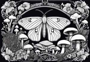 Woodland, cottage core, lunar moth, fallen log with small amount of mushrooms tattoo idea