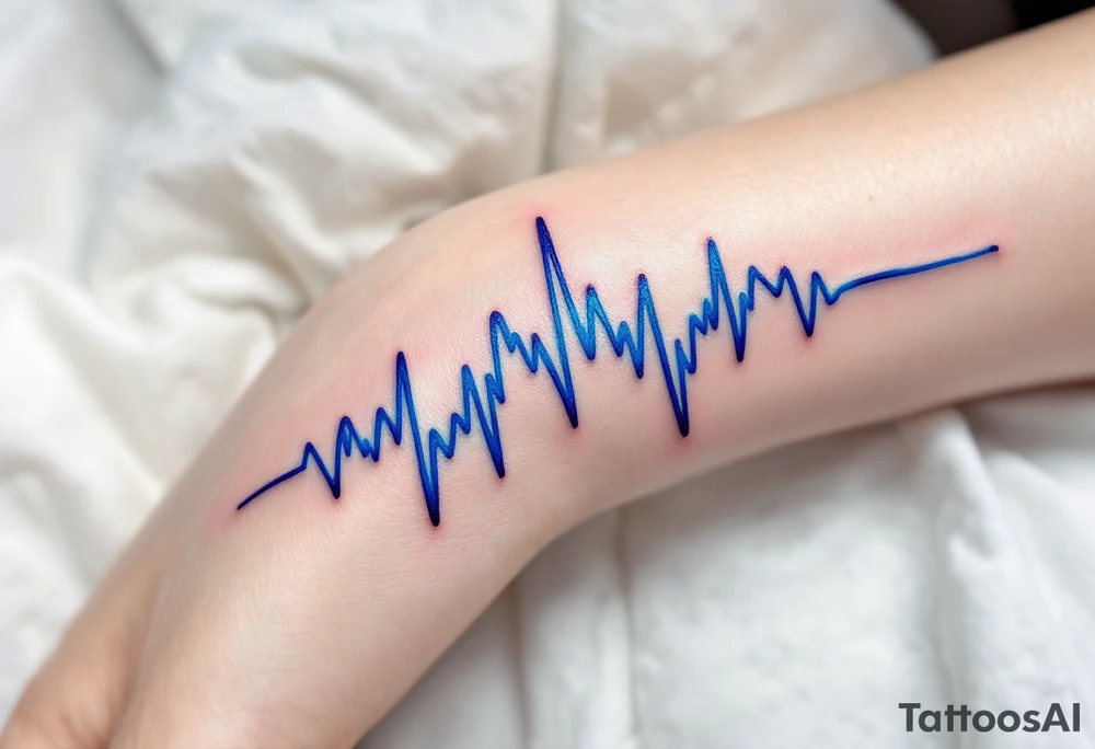 A vibrant blue EKG heartbeat tattoo spiraling around the forearm, representing the rhythm of life. tattoo idea