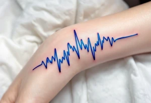 A vibrant blue EKG heartbeat tattoo spiraling around the forearm, representing the rhythm of life. tattoo idea