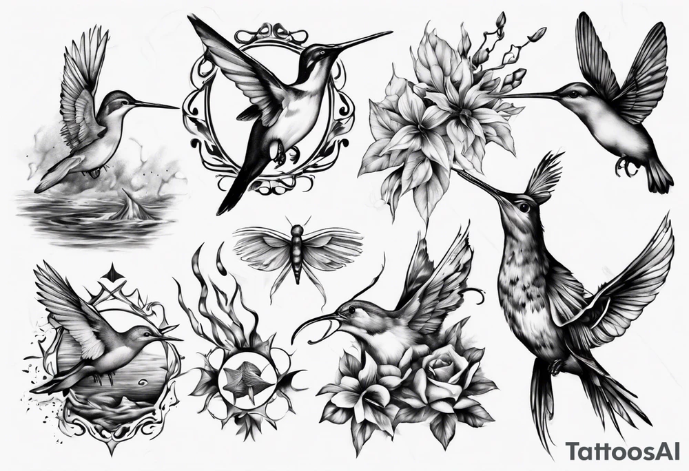 Wasser, Nymphe, Fisch, Hirsch, Wald, Waffe, Sonne, Kolibri tattoo idea