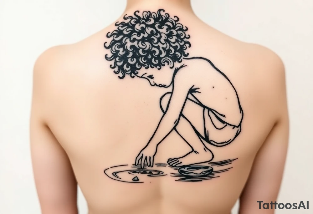 back view of curly headed son squatted down putting his fingers in the water/pond tattoo idea