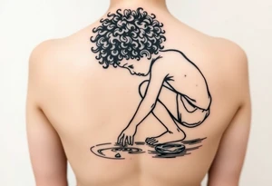 back view of curly headed son squatted down putting his fingers in the water/pond tattoo idea