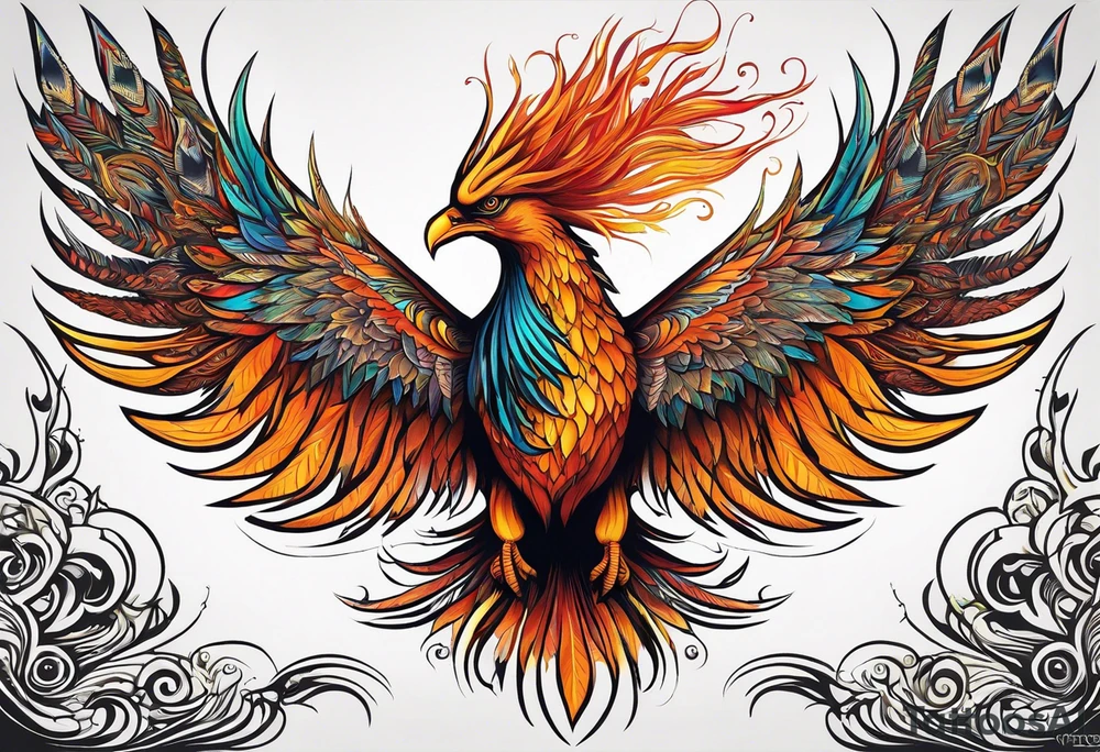 Surreal Tattoo: A powerful, majestic phoenix, depicted mid-flight or rising, with wings extended and feathers flowing. Deep shading and intricate details to bring out the texture and motion of the feathers. Style: Surrealism. tattoo idea