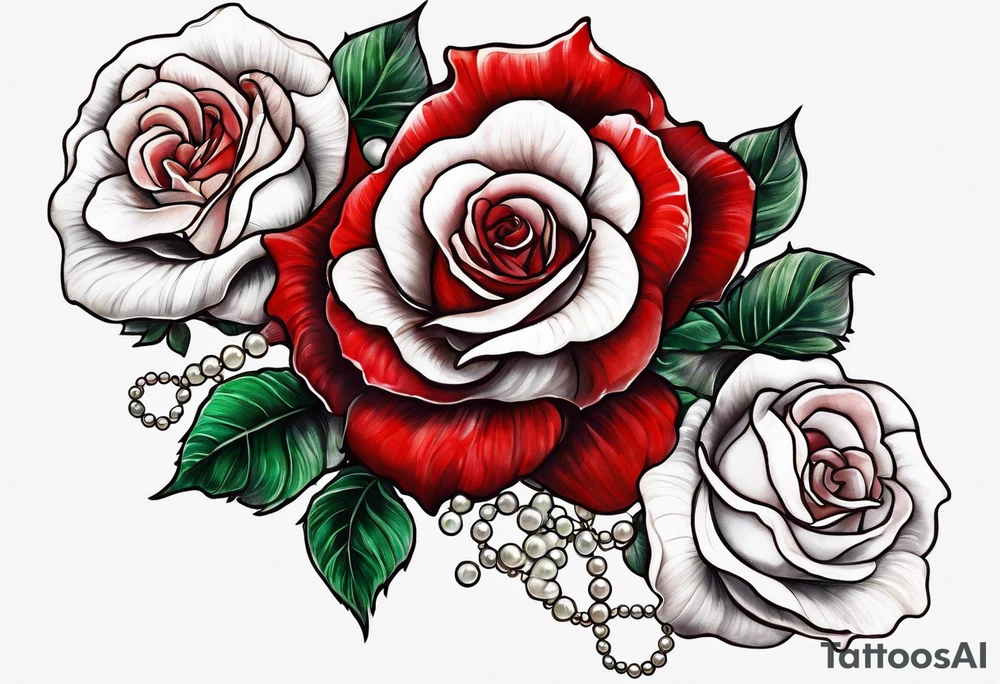 Red roses with pearls and scallop shells tattoo idea