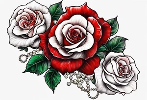 Red roses with pearls and scallop shells tattoo idea