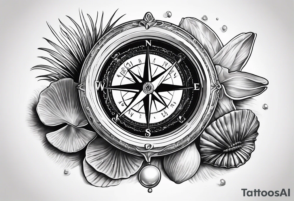 Compass,Open clam with pearl inside, shells, starfish tattoo idea