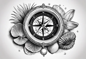 Compass,Open clam with pearl inside, shells, starfish tattoo idea