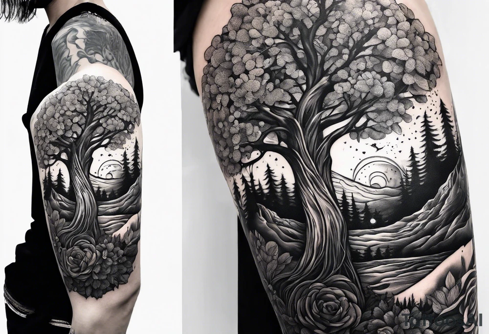 Andrea Rogge art tattoo, where two people overflow into a tree tattoo idea