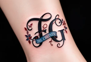Tattooed Ribbon Monogram – Navy and burgundy “F + G” with a ribbon weaving through the letters like a 3D banner. tattoo idea