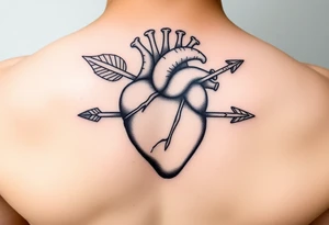 anatomical heart pierced by ornate arrow with flowing ribbons tattoo idea