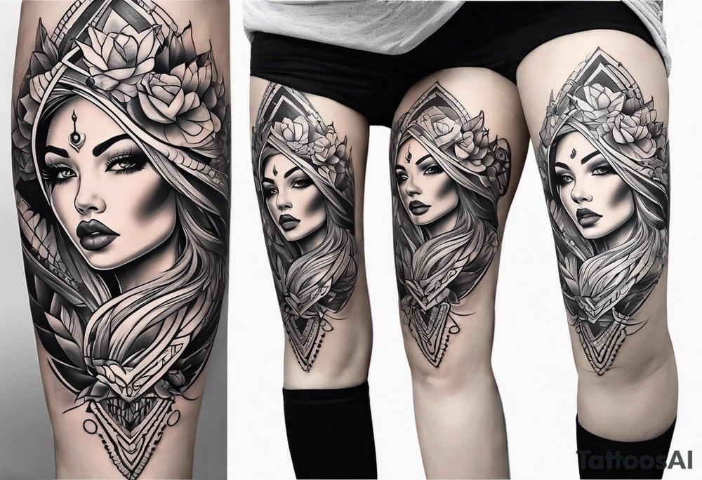 Woman’s thigh tattoo. Motherhood, warrior tattoo idea