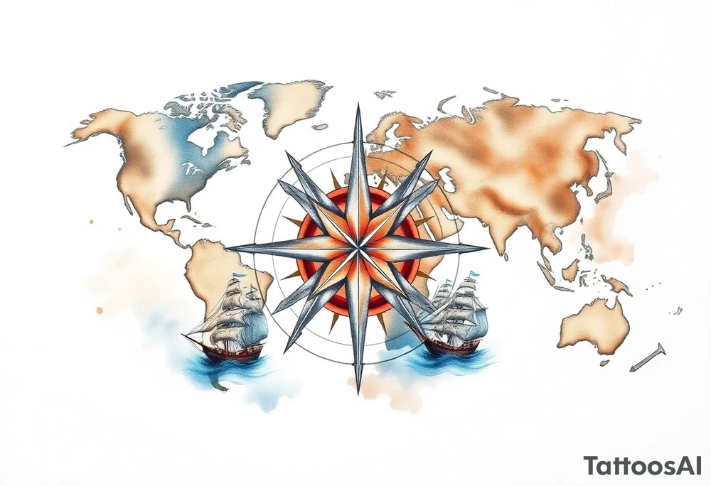 antique compass rose overlaid on weathered world map with sailing ships tattoo idea