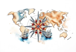 antique compass rose overlaid on weathered world map with sailing ships tattoo idea