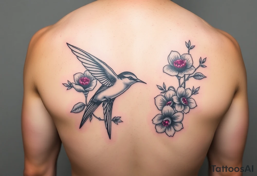 Swallow bird, flowers with ruby color tattoo idea