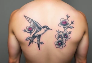 Swallow bird, flowers with ruby color tattoo idea