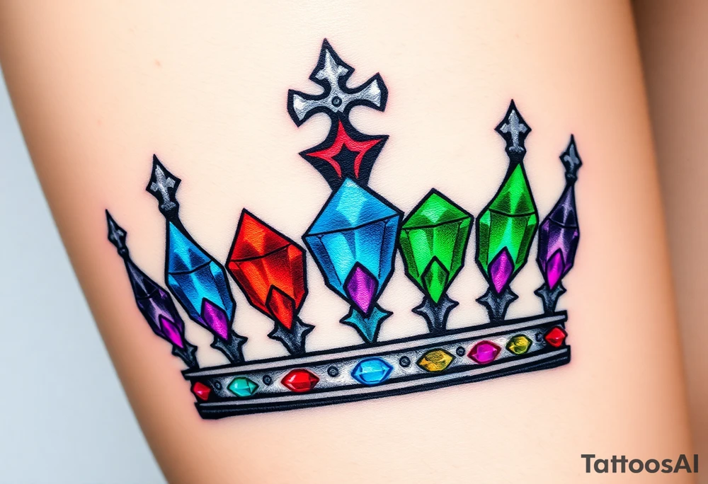 royal crown embellished with multiple diamonds, each one glowing with a different color: red, blue, green, and purple, creating a vibrant, regal aestheti tattoo idea