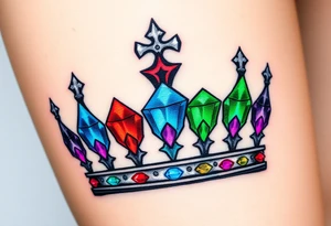 royal crown embellished with multiple diamonds, each one glowing with a different color: red, blue, green, and purple, creating a vibrant, regal aestheti tattoo idea