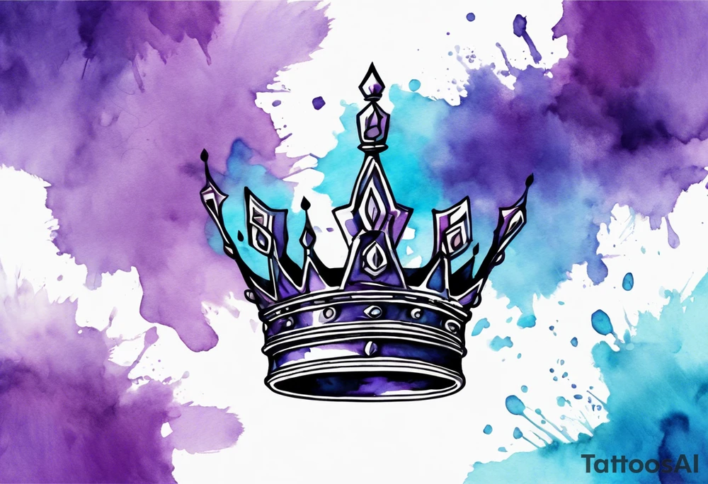 A black crown of a king on a water color background of purple and blue. Make it look realistic tattoo idea