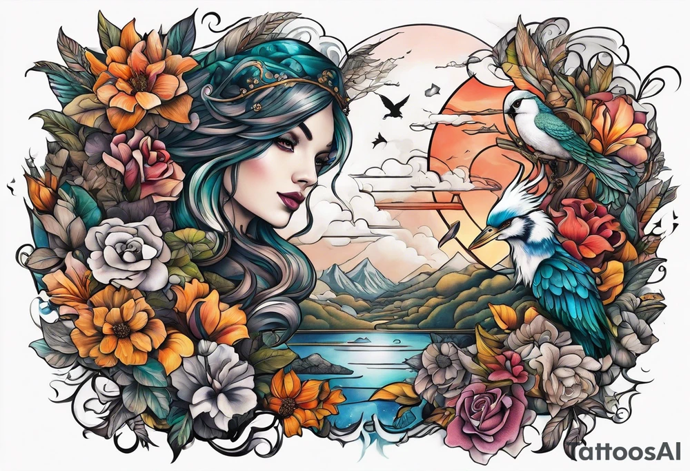 Fantasy story collage tattoo sleeve tattoo idea