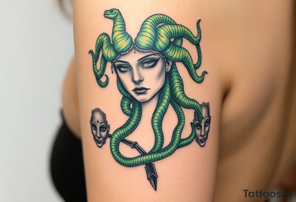 A detailed Medusa portrait with emerald-green serpents, her gaze hypnotic, surrounded by shattered stone faces of her victims tattoo idea