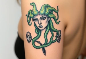 A detailed Medusa portrait with emerald-green serpents, her gaze hypnotic, surrounded by shattered stone faces of her victims tattoo idea