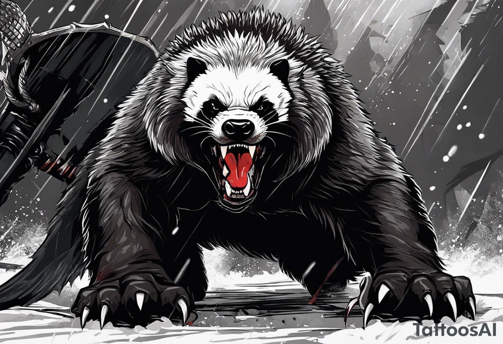 Draw me psychopath Fearless Honey Badger/Berserker with aggressive full body, killer face with a scary smile, very long nails and he attacks like a Bloody Assassin/Warrior/Gladiator to us and also, he has very deadly looking. He fights with his nails only. Everybody scares after their first sight. Give me horror type Badger Tattoo. I want to see his Realistic full body with no weapons. You can show destruction at the back. tattoo idea