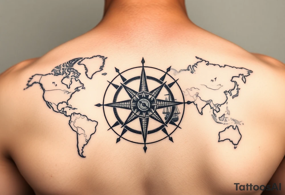 antique compass rose overlaid on weathered world map with sailing ships tattoo idea