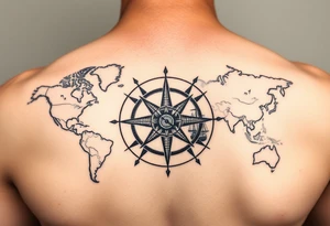 antique compass rose overlaid on weathered world map with sailing ships tattoo idea