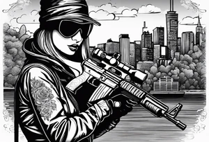 Woman wearing a ski mask holding a gun with graffiti as the background and a scenic view of Sydney city tattoo idea