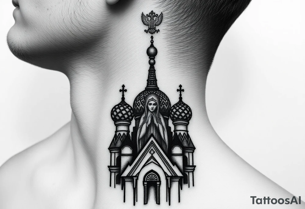 Flowing Scene

A onion domes orthodox church
Virgin Mary in prayer pose wrapping around the lower neck curve
A small double headed russian coat of arms eagle or just the star tucked above the dome near the hairline tattoo idea