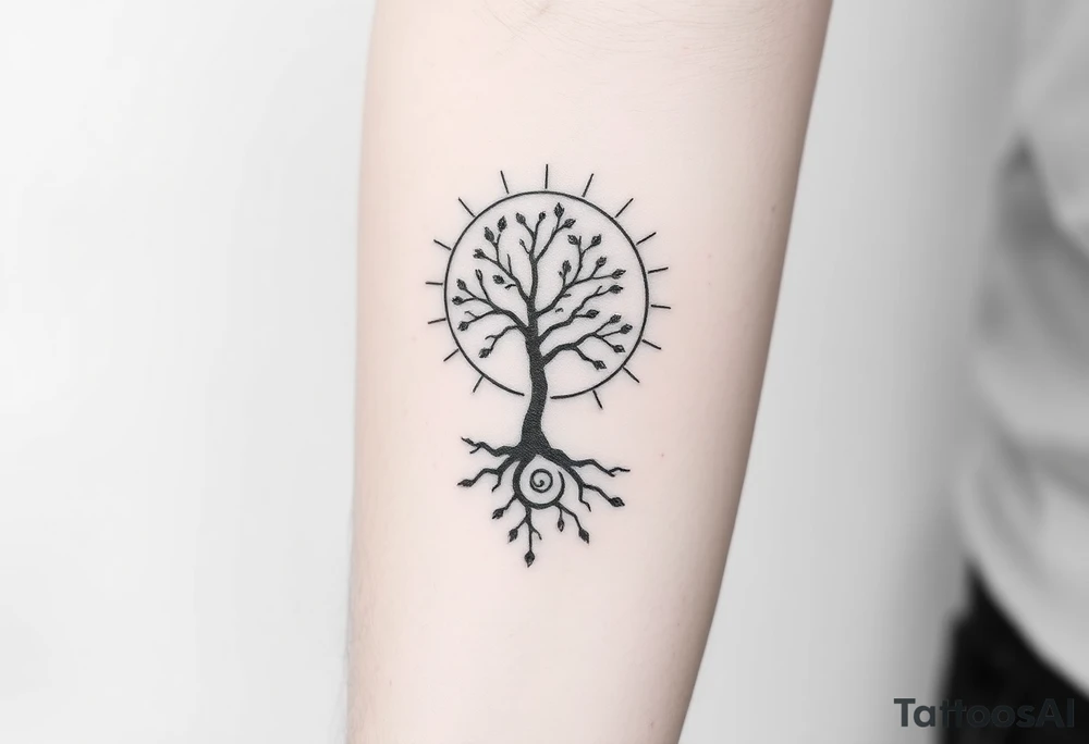 A tree inside of the sun, with little leaves, with an outward spiral line (moving to the right), as its roots. tattoo idea