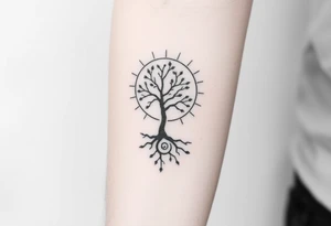 A tree inside of the sun, with little leaves, with an outward spiral line (moving to the right), as its roots. tattoo idea