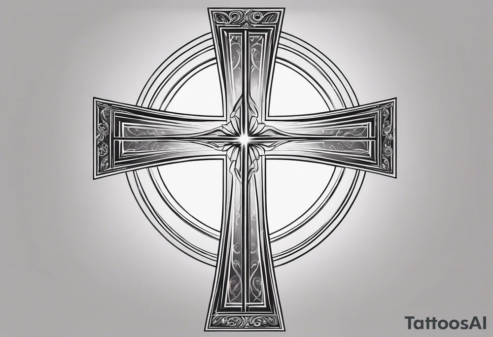 Tattoo: A refined cross with a soft halo on top of it, symbolizing light and spirituality. Delicate rays extend outward from the halo, adding a subtle glow and depth. The cross itself is simple and elegant, with potential for small, intricate line details within the design. tattoo idea