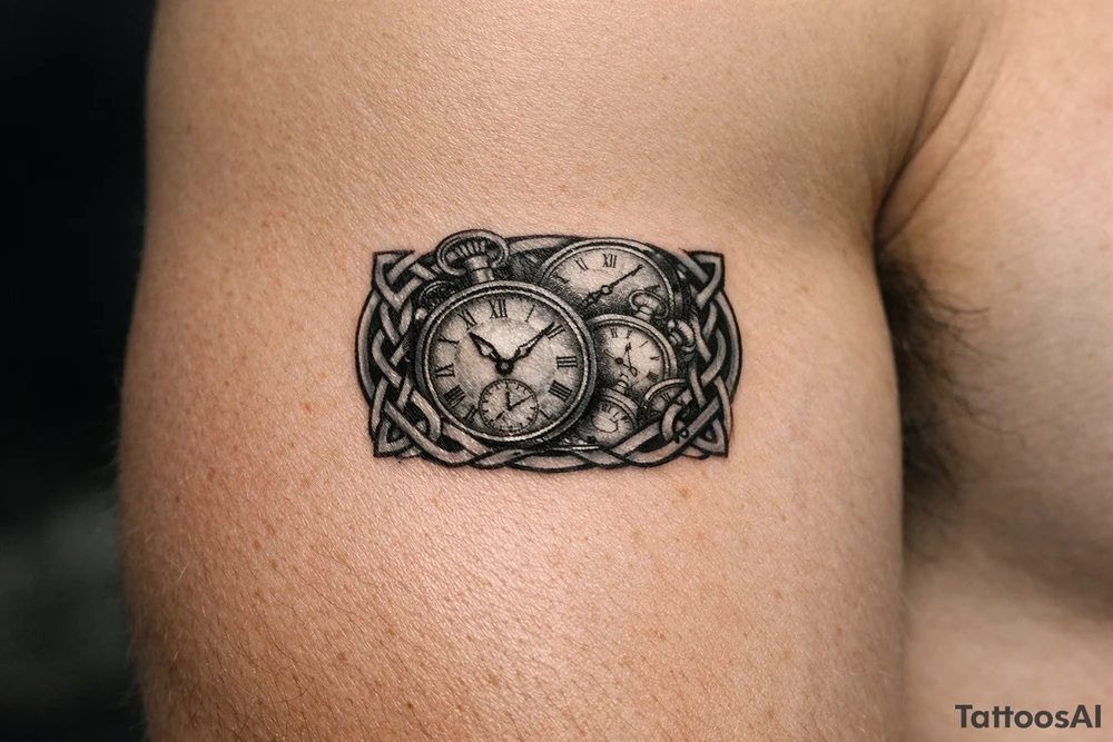 Vintage pocket watches scattered and overlapping, framed by bold, dark Celtic braids, black and grey realism. tattoo idea