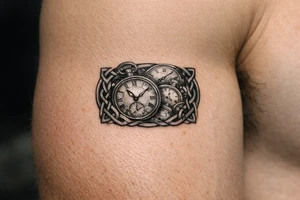 Vintage pocket watches scattered and overlapping, framed by bold, dark Celtic braids, black and grey realism. tattoo idea