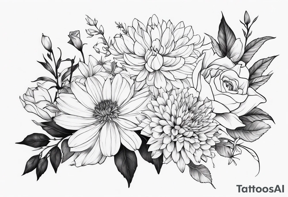 Asters, roses, lily, and chrysanthemums sleeve tattoo idea