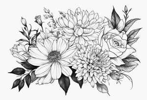 Asters, roses, lily, and chrysanthemums sleeve tattoo idea