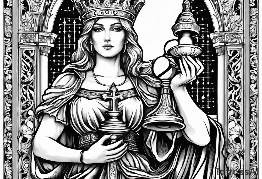 Saint Barbara holding a chalice with a tower beside her tattoo idea