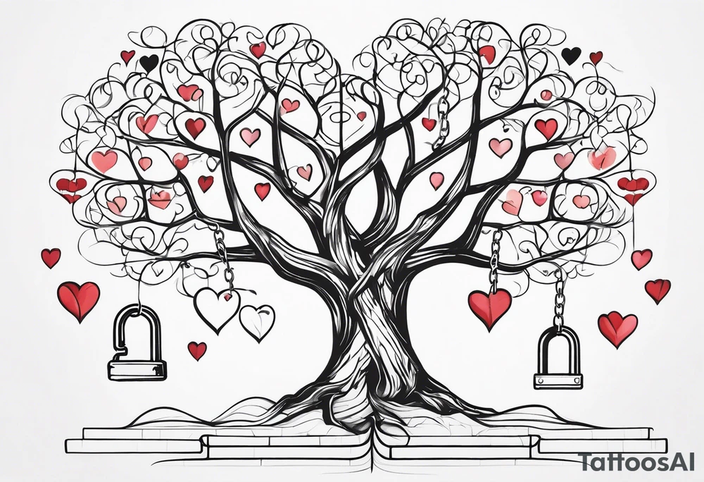 Family tree with lock and hearts with places to put names tattoo idea