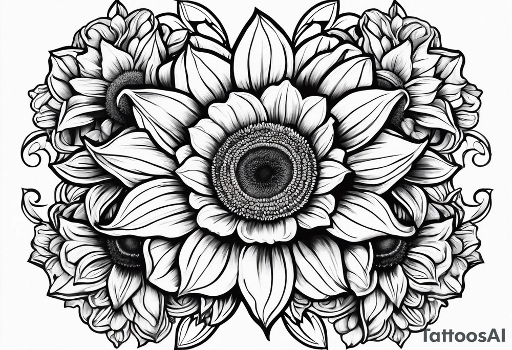 Sun Flower in the middle, Rose and Lily on top and a Gerbera daisy on the bottom tattoo idea