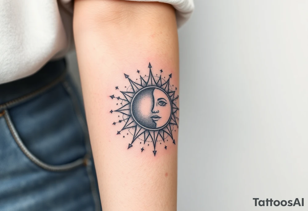 celestial sun and moon embrace with constellation patterns tattoo idea