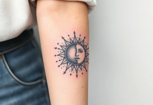celestial sun and moon embrace with constellation patterns tattoo idea