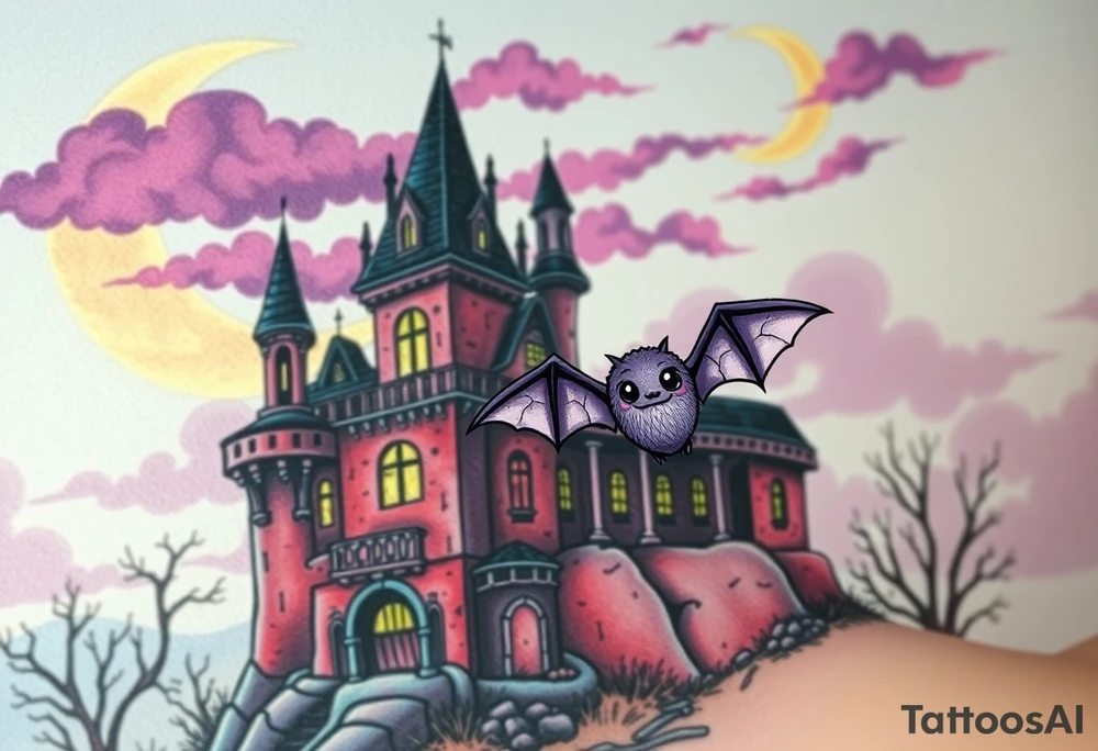 Tim Burton’s haunted castle is abandoned and dripping with muted reds, dusty pinks, and eerie green glow.purple and cyan smokey clouds swirl in the crescent moonlit sky thats sprinkled with stars under the castle an adorable kawaii bat spreads its wings tattoo idea tattoo idea