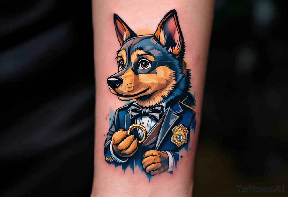 Chase in a suit with a bow tie, holding a wedding ring in his paw, surrounded by a soft blue and gold gradient background. His police badge is detailed with sparkling silver accents, symbolizing protection and loyalty. tattoo idea