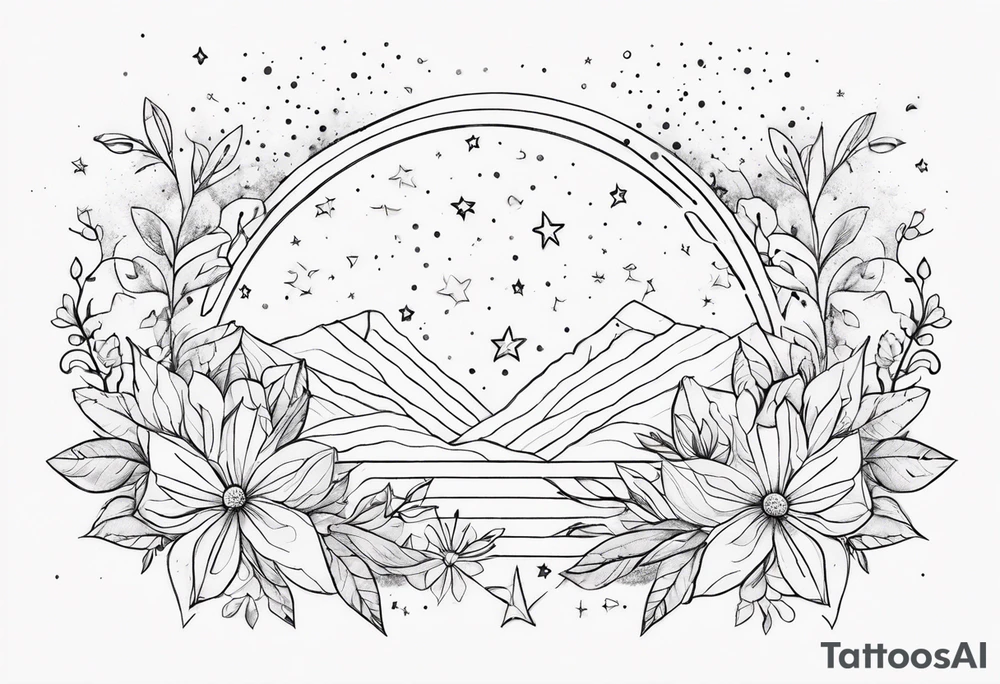 fine line with stars, floral, dots tattoo idea