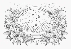 fine line with stars, floral, dots tattoo idea